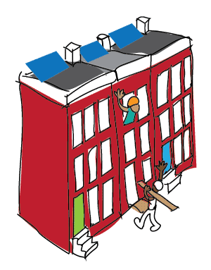 Illustration of Baltimore rowhouse being rehabbed by students