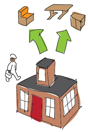illustration of a person going to work at a small business that produces a variety of things including furniture