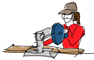 Illustration of worker using a miter saw to cut wood