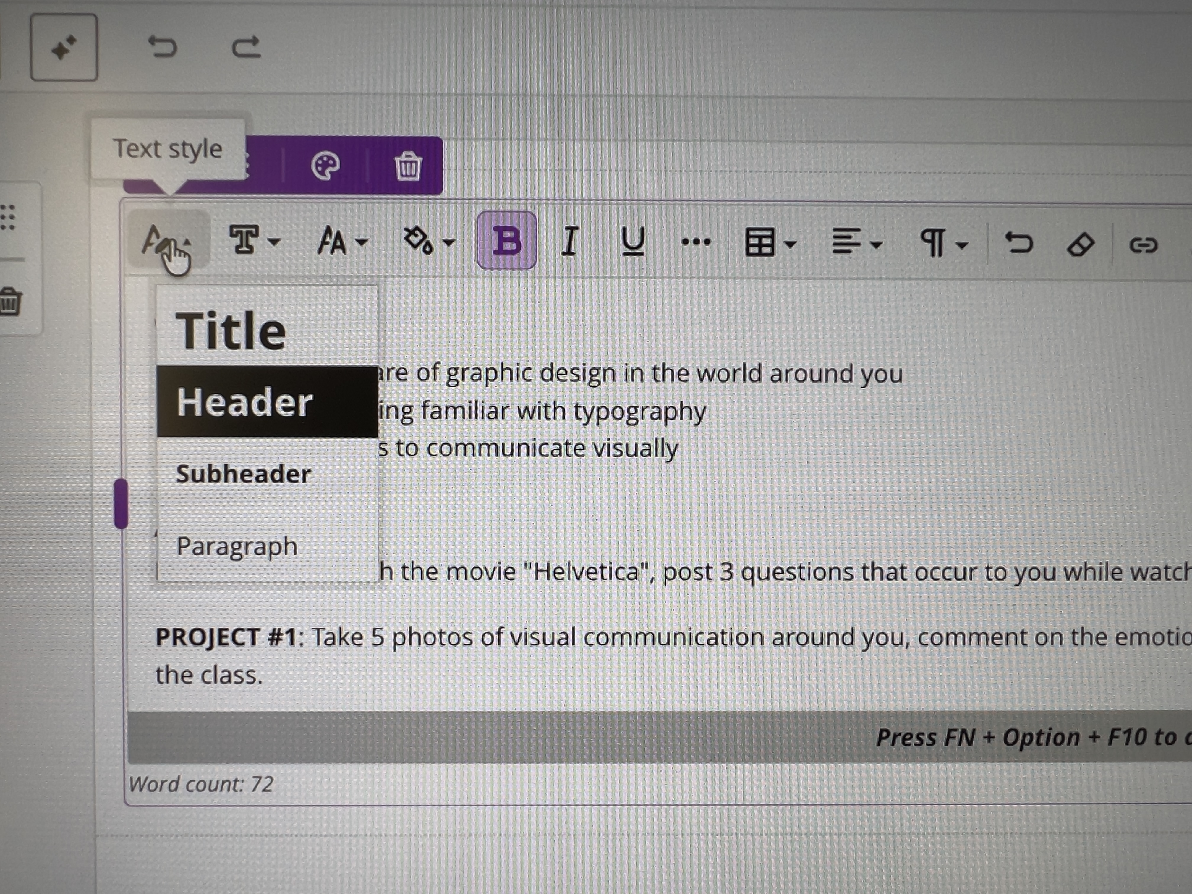 control showing how you can use Text Style to add hierarchy to text in Blackboard